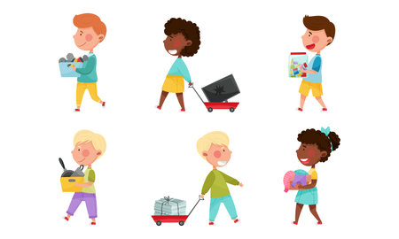 Boy and Girl Characters Carrying Sorted Garbage for Recycling Vector Illustration Setのイラスト素材