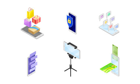 Smartphone Software with Online Shopping, Camera and Messaging App Vector Isometric Set