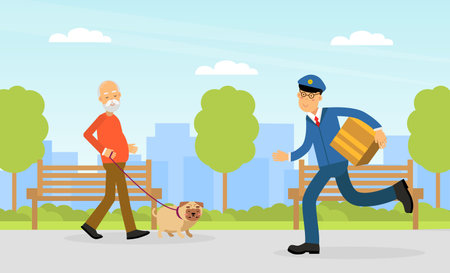 Mail Carrier or Mailman as Employee of Postal Service Delivering Mail and Parcel to Residence Vector...