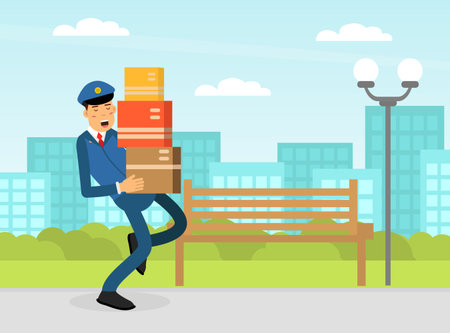 Mail Carrier or Mailman as Employee of Postal Service Delivering Mail and Parcel to Residence Vector Illustrationのイラスト素材