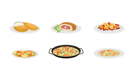Spanish Cuisine with Rolled Forcemeat and Rice with Seafood Served on Plates Vector Setのイラスト素材