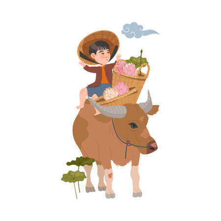 Little Kid as Asian Farmer in Straw Hat Sitting on Bull with Wicker Basket of Lotus Flowers Vector Illustrationのイラスト素材