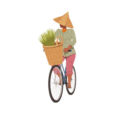 Asian Farmer in Straw Conical Hat Cycling with Rice Grass in Wicker Basket Vector Illustrationのイラスト素材