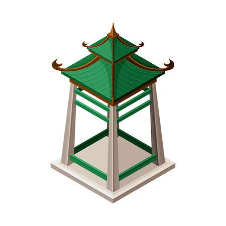 Wooden Turret-shaped Gazebo in Oriental Style as Asian Architecture Isometric Vector Illustrationのイラスト素材