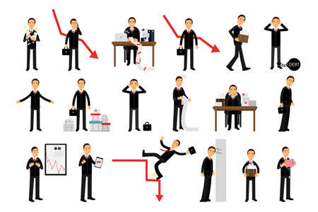 Young Businessman Bankrupt Depressed Because of Economic Downfall and Regression Vector Illustration Setのイラスト素材