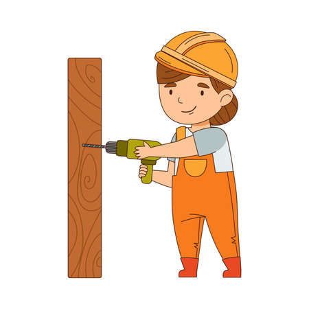 Little Girl Builder Wearing Hard Hat and Overall Drilling Hole in Timber Vector Illustrationのイラスト素材