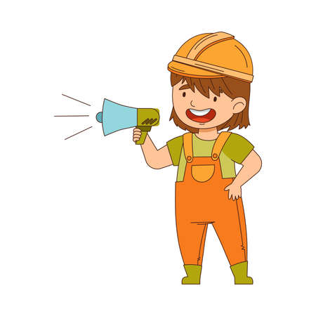Little Girl Builder Wearing Hard Hat and Overall Shouting in Bullhorn Vector Illustrationのイラスト素材