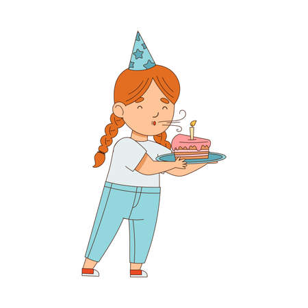 Little Girl Character in Birthday Hat Carrying Cake Blowing Candle Vector Illustrationのイラスト素材