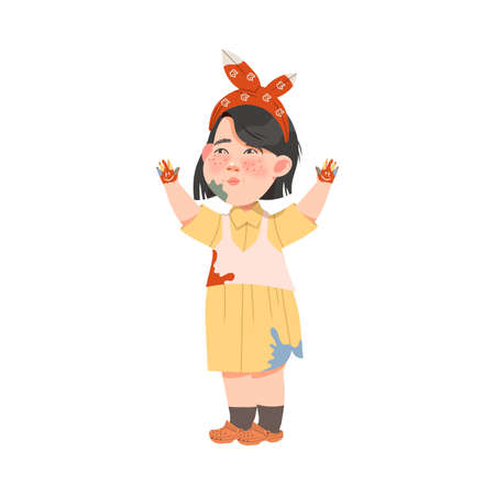 Little Freckled Girl in Blotted Clothing Standing with Smiley Drawn on Her Palms Vector Illustrationのイラスト素材