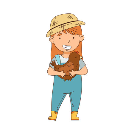 Little Girl in Overall Holding Hen in Arms Farming and Caring about Livestock Vector Illustrationのイラスト素材