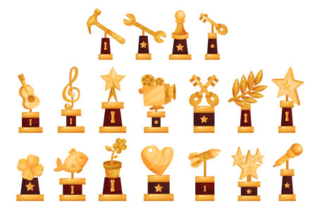 Golden Awards and Trophy of Different Shapes Vector Setのイラスト素材