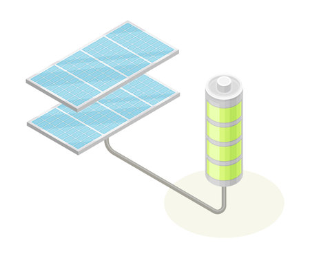 Solar Panel with Cells and Battery as Ecology and Environment Protection and Conservation Isometric...