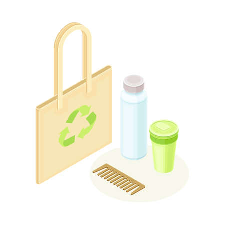 Shopping Bag and Reusable Items as Ecology and Environment Protection and Conservation Isometric Vector Illustrationのイラスト素材