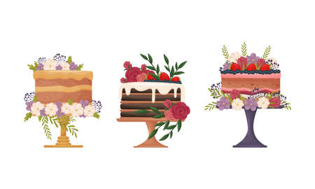 Creamy Tier Cake Decorated with Flowers and Berries Standing on Pedestal Cake Plate Vector Setのイラスト素材