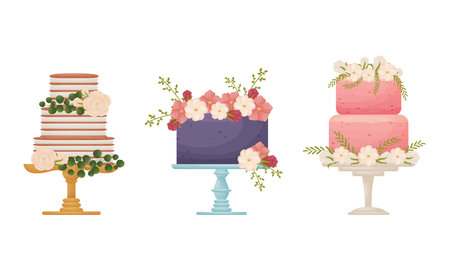 Creamy Tier Cake Decorated with Flowers and Twigs Standing on Pedestal Cake Plate Vector Setのイラスト素材