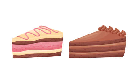 Cake Pieces with Creamy Layer as Yummy Dessert Vector Setのイラスト素材