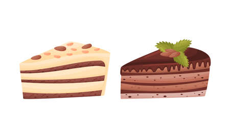 Cake Pieces with Creamy Layer as Yummy Dessert Vector Setのイラスト素材