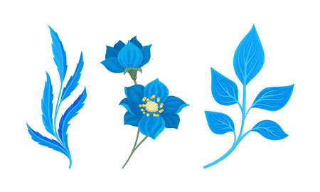 Blue Floral Twigs with Leaf and Floret on Stem Vector Setのイラスト素材