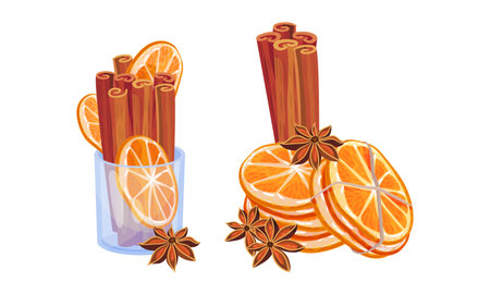 Dried Cinnamon Bark Strips or Sticks with Orange Slices Vector Setのイラスト素材