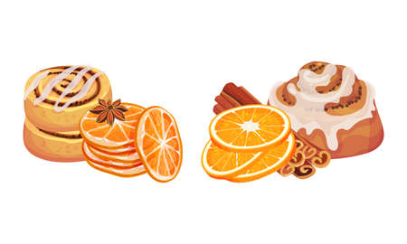 Dried Cinnamon Bark Strips or Sticks with Bun and Orange Slices Vector Setのイラスト素材