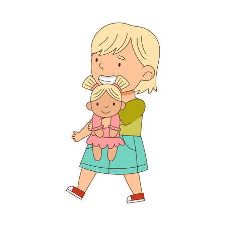 Little Blond Girl Playing with Doll Having Fun On Her Own Enjoying Childhood Vector Illustrationのイラスト素材