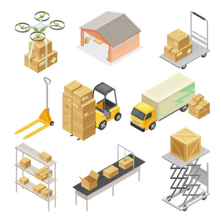 Warehouse as Area for Goods Storage and Logistics with Forklift Moving Cardboard Boxes and Drone Delivering Parcel Isometric Vector Setのイラスト素材