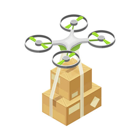 Drone Flying with Cardboard Box as Parcel Delivery and Logistics from Warehouse Isometric Vector Illustration. Aerial Vehicle and Express Commercial Shipment from Storehouse or Depot Conceptのイラスト素材