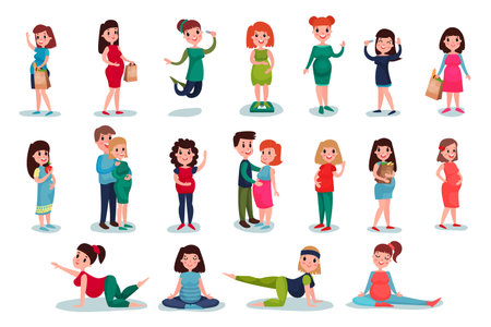 Young Pregnant Woman Jumping with Pregnancy Test and Walking with Her Husband Vector Illustration Setのイラスト素材