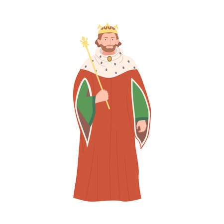 Bearded King with Crown and Scepter as Fabulous Medieval Character from Fairytale Vector Illustrationのイラスト素材