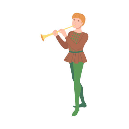 Bard or Minstrel Playing Trumpet as Fabulous Medieval Character from Fairytale Vector Illustrationのイラスト素材