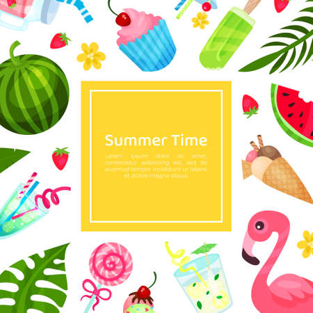 Summer Time Vacation Card with Tropical Objects Vector Templateのイラスト素材
