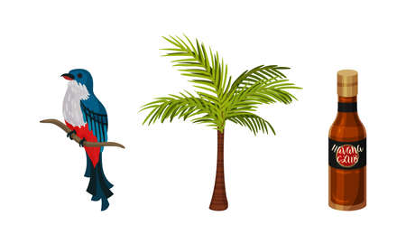 National Cuba Symbols with Cuban Trogon or Tocororo and Rum Vector Setのイラスト素材