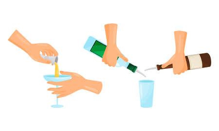 Bartender Hands Pouring and Mixing Cocktails in Glass Vector Set. Process of Serving Alcoholic or Soft Drink and Beverages Conceptのイラスト素材
