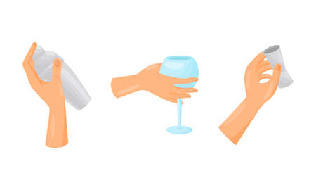 Bartender Hands Pouring and Mixing Cocktails in Glass Vector Setのイラスト素材