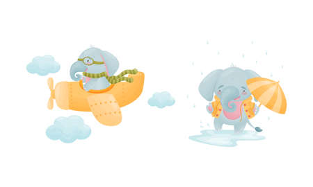 Cute Blue Elephant Character Flying Plane and Walking Under Umbrella in Rainy Day Vector Setのイラスト素材