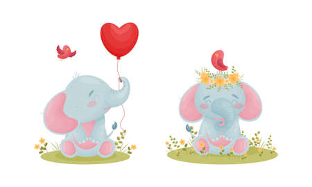 Cute Blue Elephant Character Wearing Floral Wreath and Holding Heart Shaped Balloon Vector Setのイラスト素材