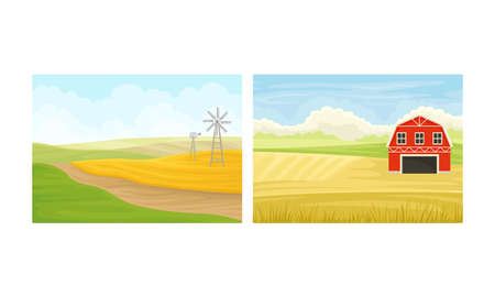 Country View with Sown Field, Barn House and Pasture Land as Green Landscape Vector Setのイラスト素材