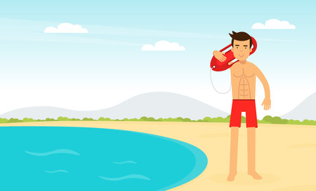 Man Lifeguard or Rescuer Supervising Safety and Rescuing Swimmers and Surfers Vector Illustrationのイラスト素材