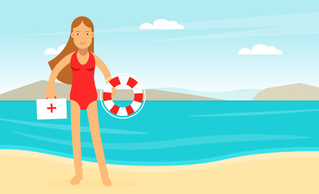 Woman Lifeguard or Rescuer Supervising Safety and Rescuing Swimmers and Surfers Vector Illustrationのイラスト素材