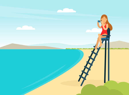 Woman Lifeguard or Rescuer Supervising Safety and Rescuing Swimmers and Surfers Vector Illustrationのイラスト素材
