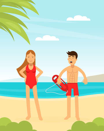 Man and Woman Lifeguard or Rescuer Supervising Safety and Rescuing Swimmers and Surfers Vector Illustrationのイラスト素材
