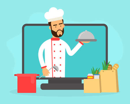 Man Chef Holding Tray with Served Dish Peeped Out from TV set Vector Illustrationのイラスト素材