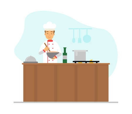 Man Chef at Kitchen Table Mixing Something in Bowl Vector Illustrationのイラスト素材