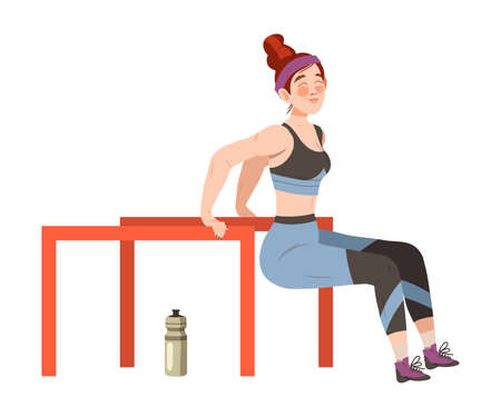 Young Freckled Woman Character Doing Squats Leaning on Bars as Sport and Physical Exercise Training Body and Muscle Vector Illustrationのイラスト素材