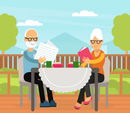Old Man and Woman Drinking Tea on Terrace and Reading Newspaper Vector Illustrationのイラスト素材