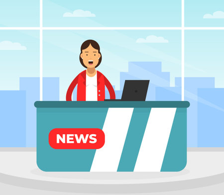 Female Journalist Reporting News and Information on Television Broadcast Vector Illustrationのイラスト素材