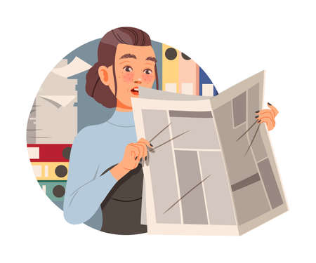 Amazed Woman Office Worker at Workspace Reading Newspaper Circle Vector Compositionのイラスト素材