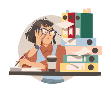 Woman Office Worker in Glasses with Pile of Folders and Documents at Workspace Performing Duty Circle Vector Compositionのイラスト素材