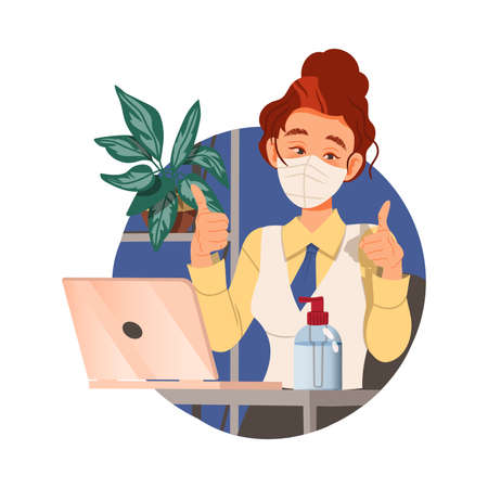 Woman Office Worker in Face Mask Sitting at Desk at Workspace Showing Thumb Up Circle Vector Compositionのイラスト素材