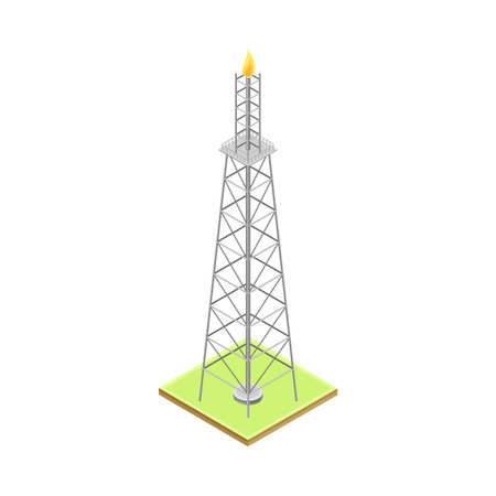 Gas Flare or Flare Stack as Gas Combustion Device at Petroleum Refinery Station Isometric Vector Illustrationのイラスト素材